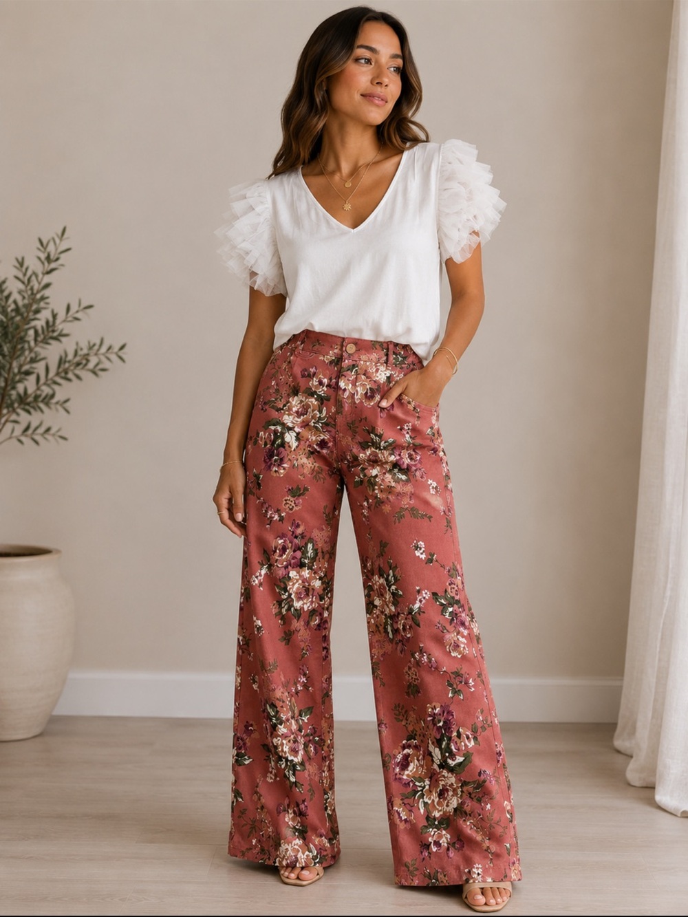 ShopEvelynne Dusty Rose Floral Wide Leg Pants